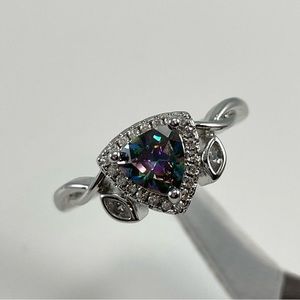 Beautiful Trillion Cut Halo Mystic Topaz White Diamond CZ Silver Plated Ring